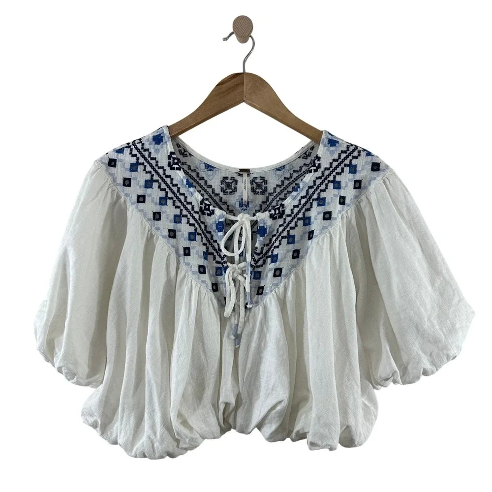 Free People White Blue Embroidered Linen Blend Puff Sleeve Bubble Hem Blouse M